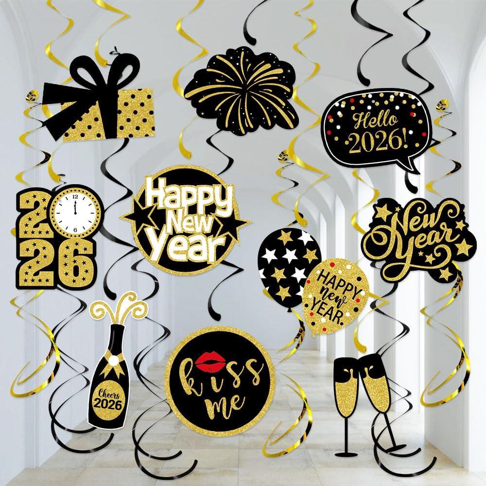 Happy New-Years Eve Party-Decoration Banner Garland - 16pcs Black Gold 2026 Swirl Streamers Banner, Nye Kids Hanging Supplies Decor Lasting Surprise