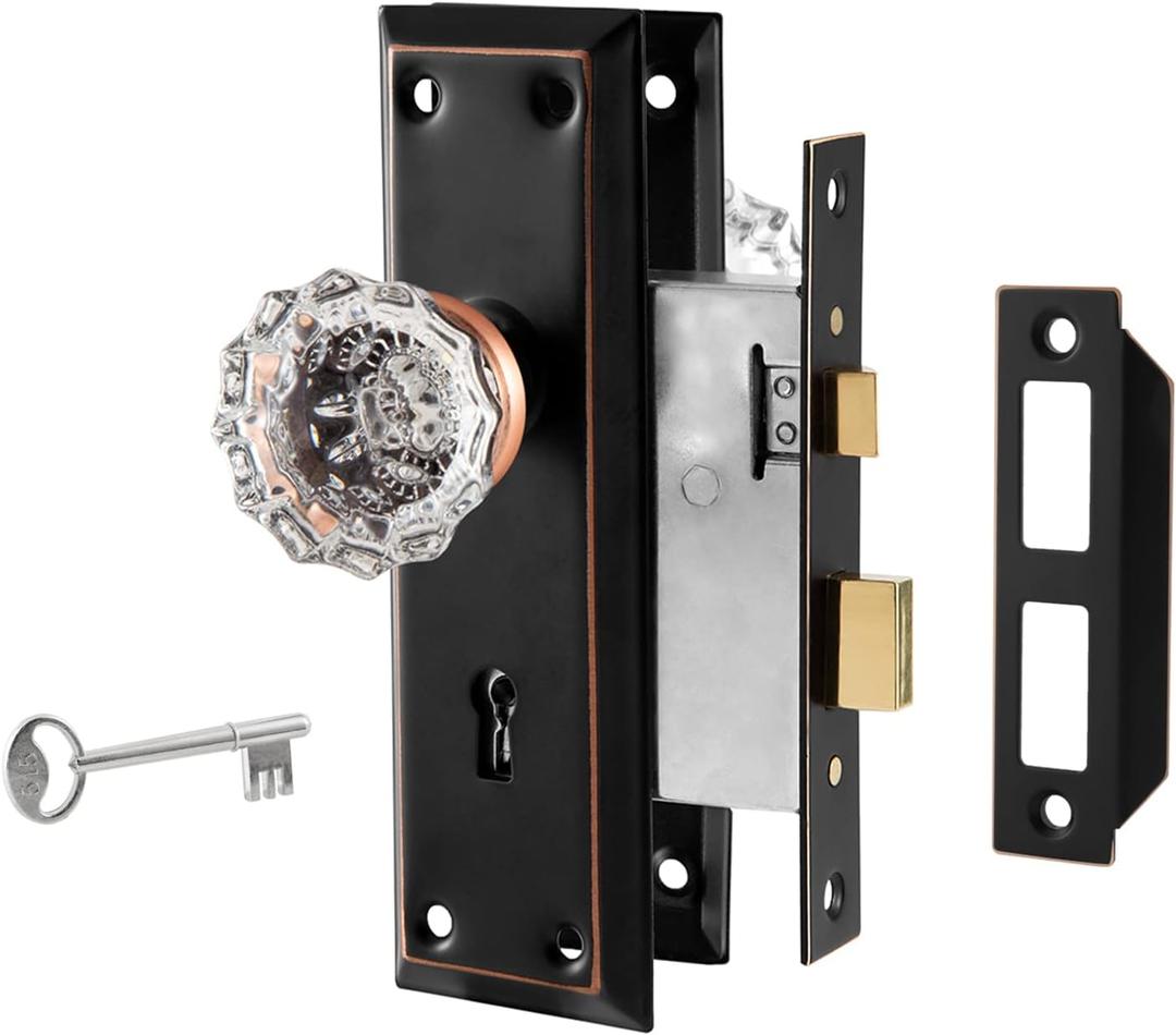 Upgraded Mortise Lock Set for Interior Door, Antique Vintage Style Crystal Glass Door Knobs with Skeleton Key, Reversible for Left & Right Handed Door, Oil Rubbed Bronze Finish