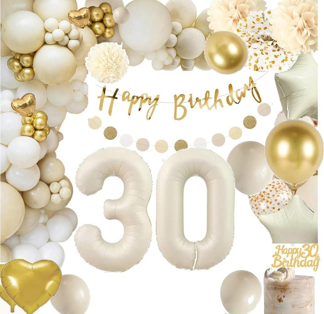 30th Birthday Decorations for Women, Gold Beige Cream Neutral Gold Foil Balloons Happy Birthday Banner Garland Boho Party Supplies