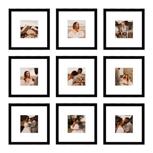 BSRHOME 8x8 Picture Frame Set of 9, Display Pictures 4x4 with Mat or 8x8 without Mat, Multi Collage Gallery Square Photo Frames for Wall or Tabletop, Black