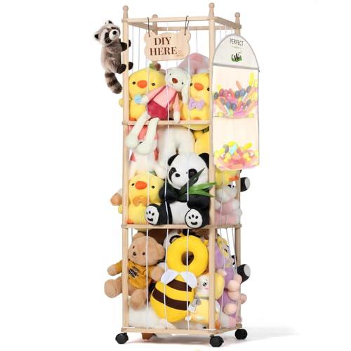 TOMSHUB Stuffed Animal Storage & Organizer, 54 inch Tall Wooden Cute Zoo Toy Holder with Building Block Storage Bag, Space Save Toy Holder with Elastic Cord for Toddler Rooms, Playrooms & Bedrooms