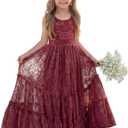 LalaMira Flower Girl Dress Lace Boho Toddler Dresses Ruffle Girl Dress for Wedding Garden Party Holiday Communion Sleeveless (2T, Burgundy)
