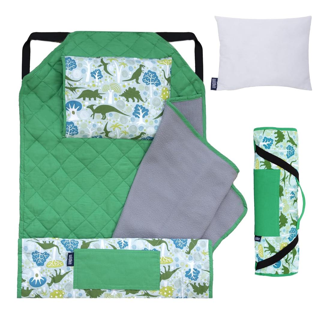 Wildkin Modern Kids Nap Mat Soft Cotton Blend with Pillow & Elastic Straps for School & Travel - Dinomite Dinosaurs