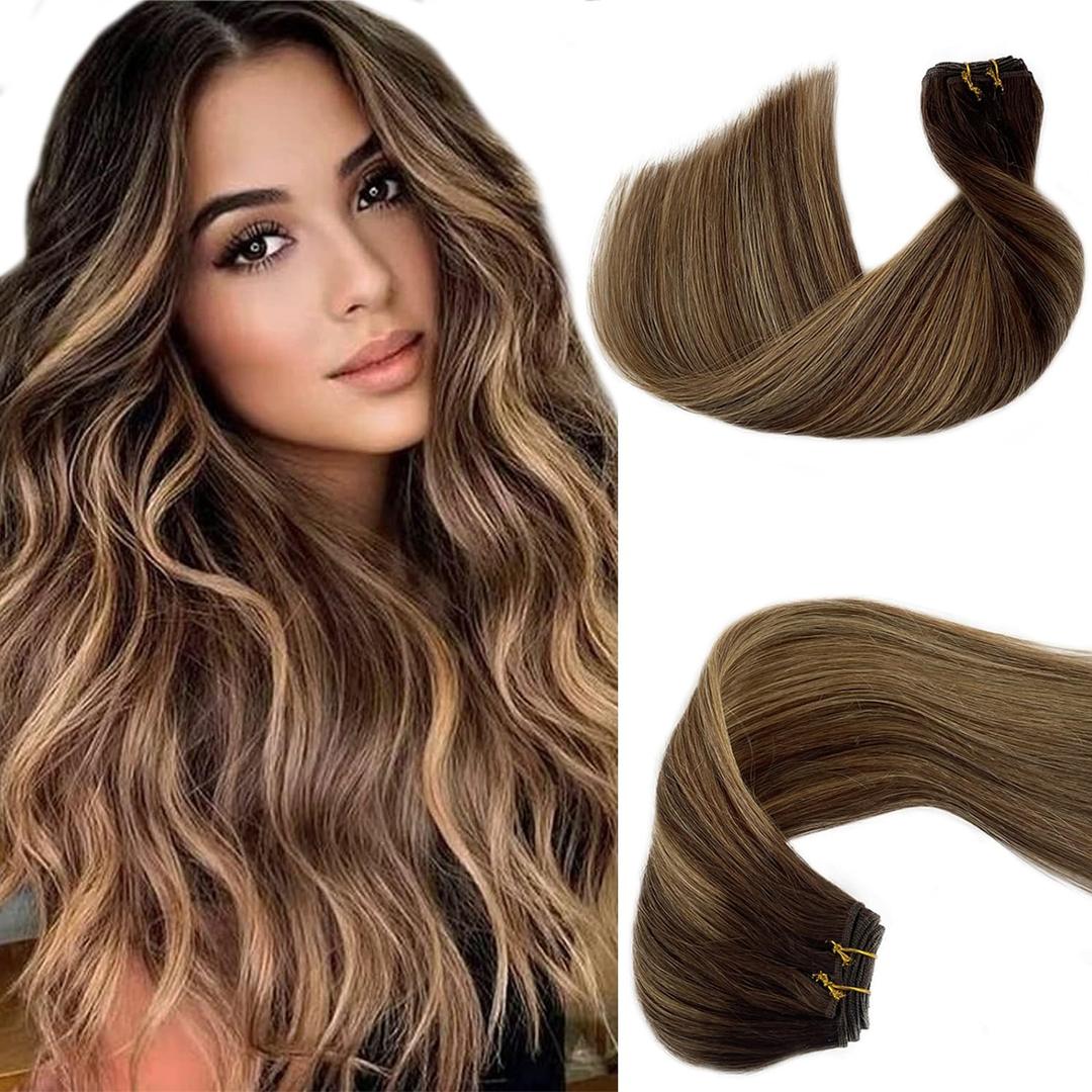 Sew in Weft Hair Extensions Human Medium Brown with Caramel Blonde Highlights Real Hand Tied Wefts Weave Bundles 12'' 80G