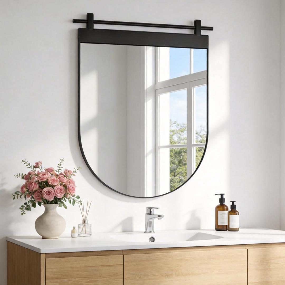 Black Arch Bathroom Mirror 28"x20" Matte Black Wall Mounted Vanity Metal Frame Barn Door Mirrors Farmhouse Mirror for Bathroom, Entryway, Living Room Wall Decor