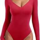 REORIA Long Sleeve Bodysuits for Women Square V Neck Going Out Top Double Lined Thong Body Suit Sexy Slimming Shirt 2025 Fall (Medium, Watermelon Red)