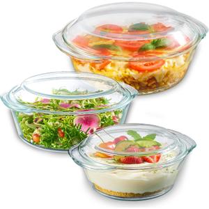 6pc Glass Tureen Dishes for Oven with Lids, Durable Borosilicate Glass Covered Bakeware Set, Microwave Safe, Versatile Round Baking Dishes for Oven with Lid, Clear Lead-Free Casserole Cookware.