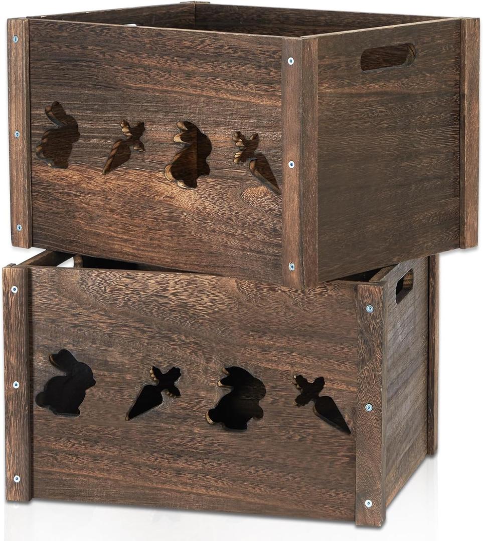 Wooden Crates 2 Pack, Hollow Rabbit Wooden Crates for Display & Storage, Farmhouse Handmade Wood Crate with Handles, Rustic Large Decorative Wood Crate Box for Display