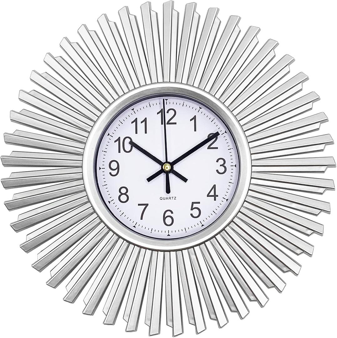 Kitchen Wall Clock, Silver Starburst Wall Clocks Battery Operated, 10 Inch Modern Decorative Wall Clock for Living Room, Bedroom, Kitchen,Bathroom, Office