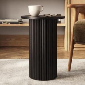 Small Round Fluted Accent Side Table - Black Wooden End Table for Modern Bedroom and Living Room - Solid Oak Base (Blackened Oak Finish)