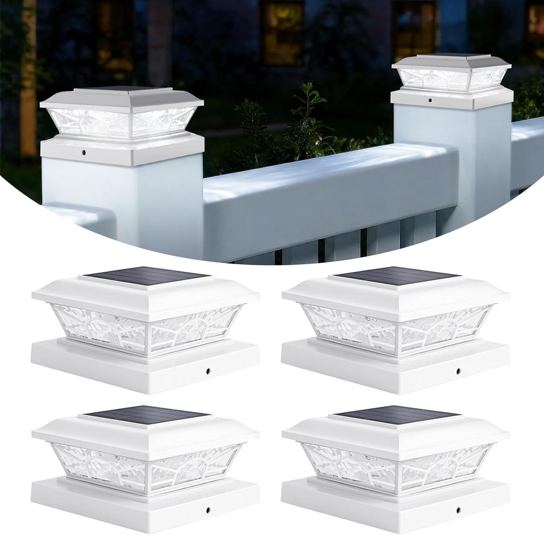 Brightever 4x4 3.5x3.5 Solar Post Cap Lights, 4-Pack Outdoor Solar Powered Fence Post Lights Fit Vinyl/Wood Posts, 2 Modes(Warm/Cool Light), Solar Waterproof Deck Post Lights for Garden, Patio, White
