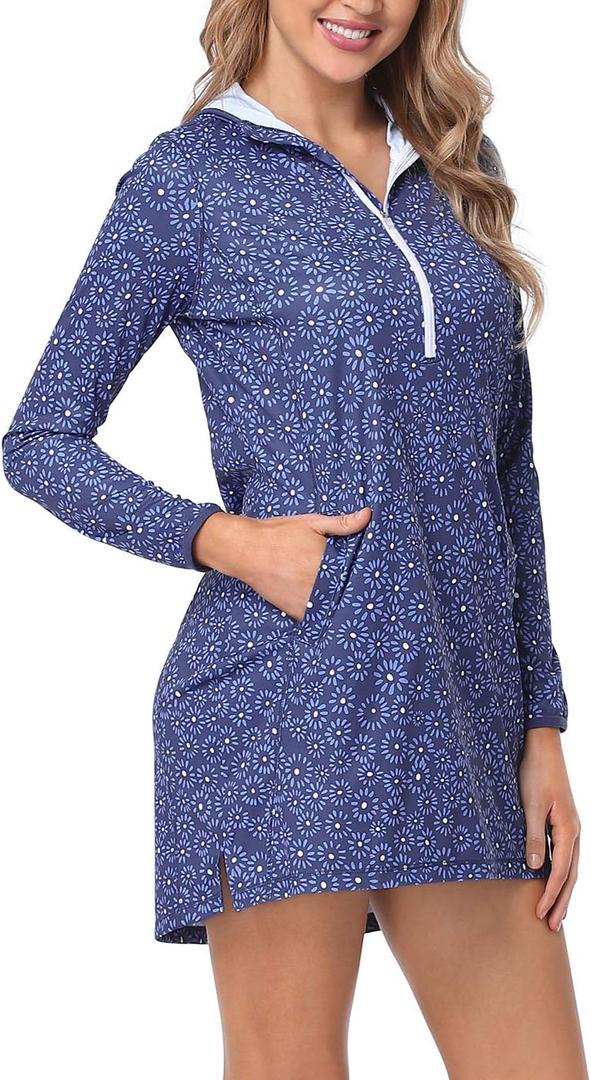 HDE Beach Coverups for Women UPF 50 Long Sleeve Swim Cover Up Dress with Hood Quick Dry Sun Protection Tunic with Pockets (Large, Navy Ditsy Floral)