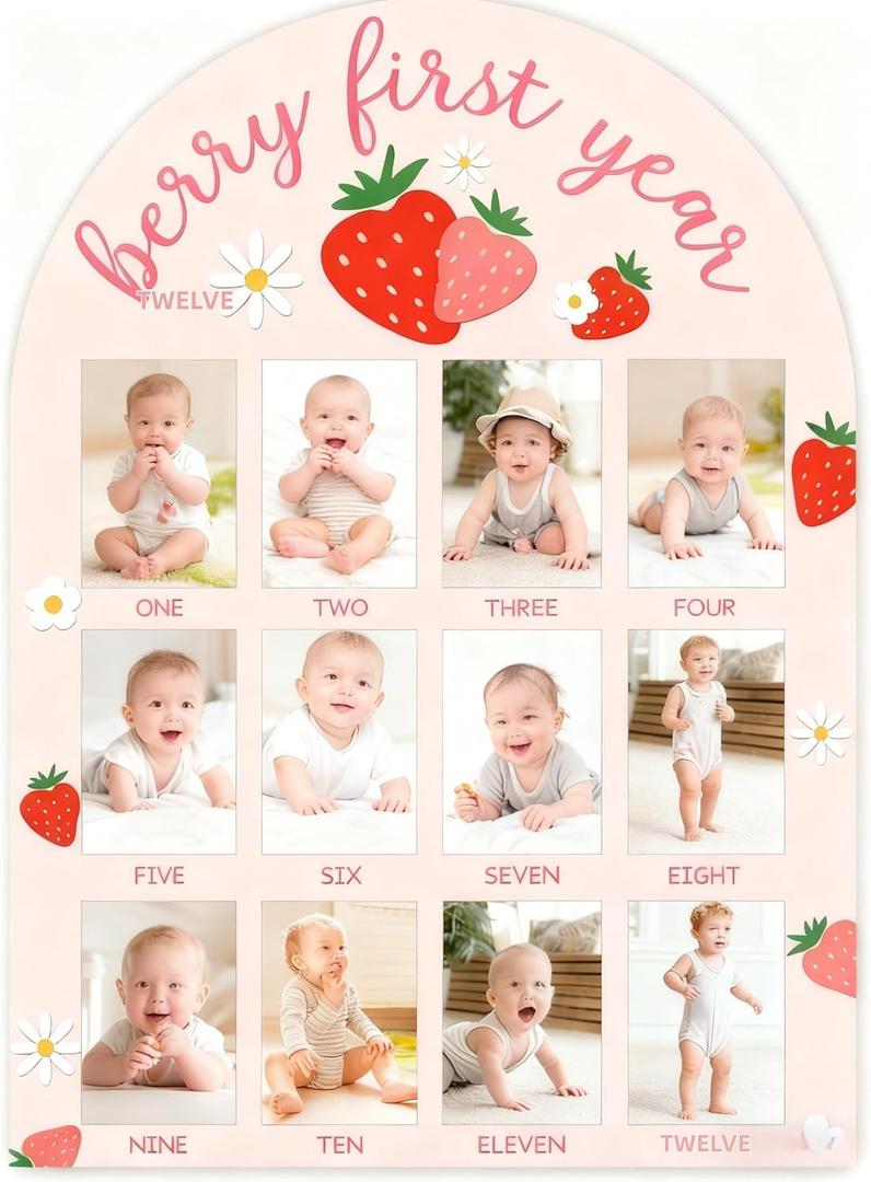 My First Year Picture Frame Board, Baby's First Year Picture Frame 12 Month Milestone Board, Strawberry Berry Nursery Decoration, Birthday Baby Memorial Kindergarten Decoration Gifts for Boys Girls, Keepsake Gifts for New Moms and Nursery Decorations 2x3 Inch (colorful)