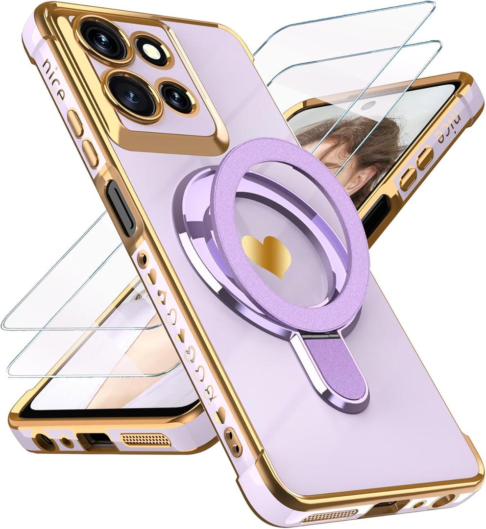 for Motorola Moto G Power 5G 2025/2026 Love Heart Kickstand Case with Screen Protector: Luxury Plated Gold Edge Soft TPU Shockproof Protection Cover for Moto G Power 5G 2025/2026 (Purple)