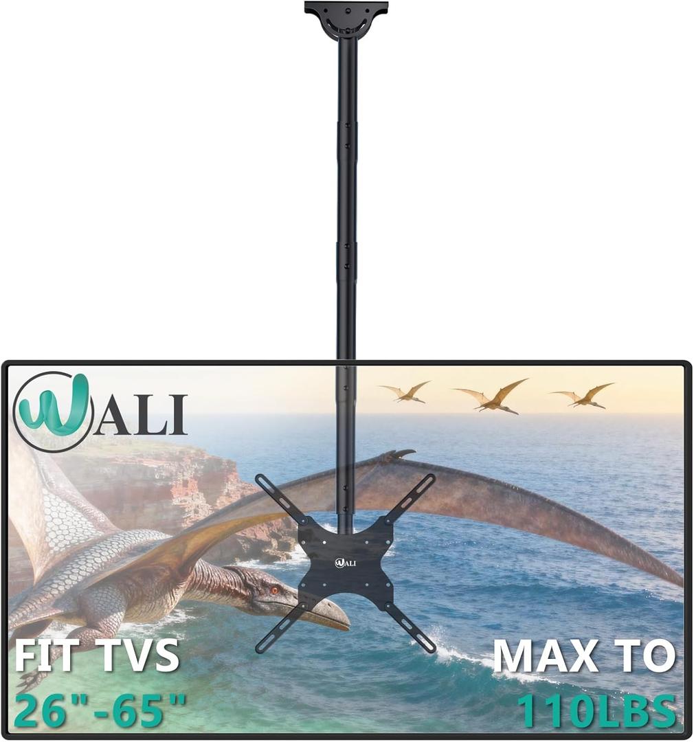 WALI Long Arm TV Ceiling Mount, Fits Most LED, LCD, OLED and Plasma Flat Screen Display 26 to 65 Inch, up to 110 Lbs, Height Extension up to 58 Inch, Mounting Holes up to 400x400mm (CM2665XL), Black
