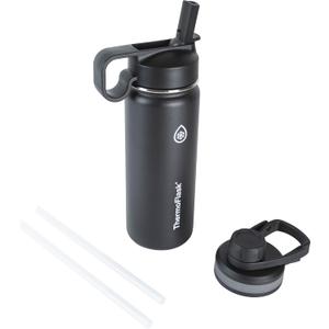 ThermoFlask Bottle with Chug Lid & Straw Lid - Insulated Stainless Steel Water Bottle with Leak-Proof Lids - Dishwasher-Safe Reusable Bottle & Lids - Durable Bottle, 2 Straws & 2 Lids - 18 oz, Black