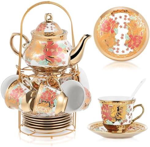 Zhehao 20 Pcs Porcelain Tea Set with Metal Holder and Spoon Adult Ceramic Tea Set European Flower Painting Teapot Cup Saucer Spoon for Women, Large Version(Stylish Style)