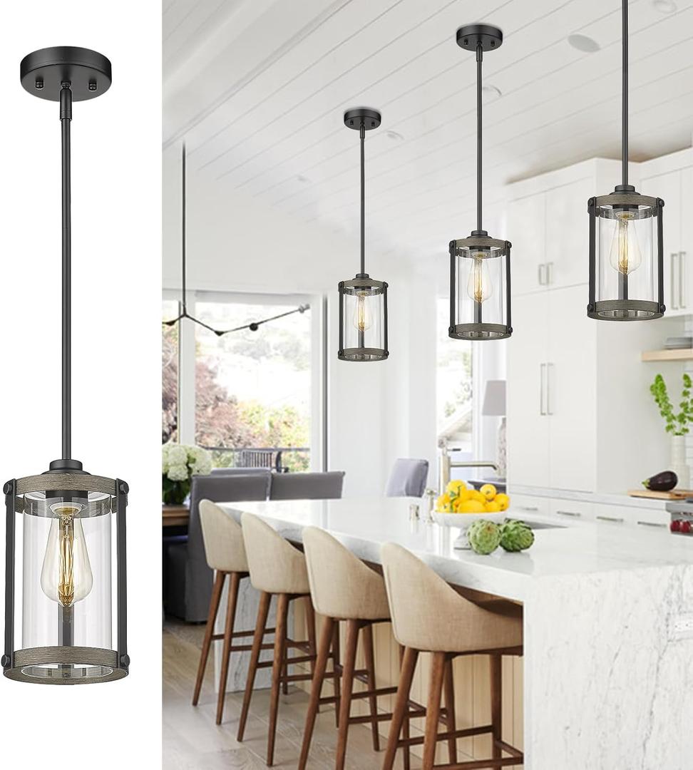 Farmhouse Pendant Light Fixtures, 1-Light Black Glass Pendant Lights for Kitchen Island, Industrial Rustic Mini Hanging Lighting with Rod, Wood Finish, Adjustable Length, OS-3014