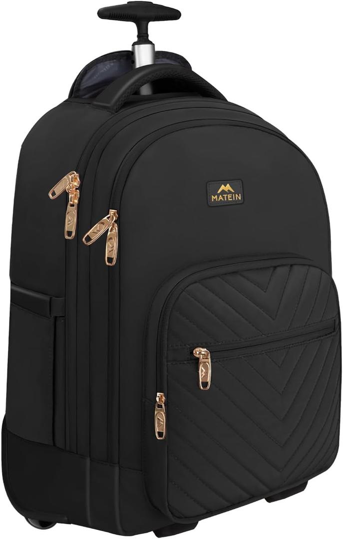MATEIN Rolling Backpack for Women, 17 inch Water Resistant Wheeled Laptop Backpack, Large Carry On Luggage Travel Backpack with Wheels, Trolley Suitcase Business Overnight Roller Bag for Adults, Black