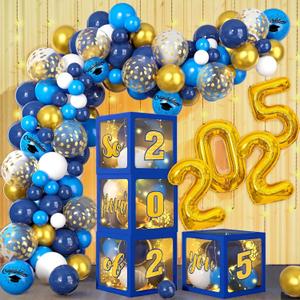 Amandir Graduation Party Decorations Class of 2025 Balloon Boxes, 141Pcs Blue and White Balloon Arch Garland Kit with Lights for College School So Proud of you 2025 Grade Party Supplies