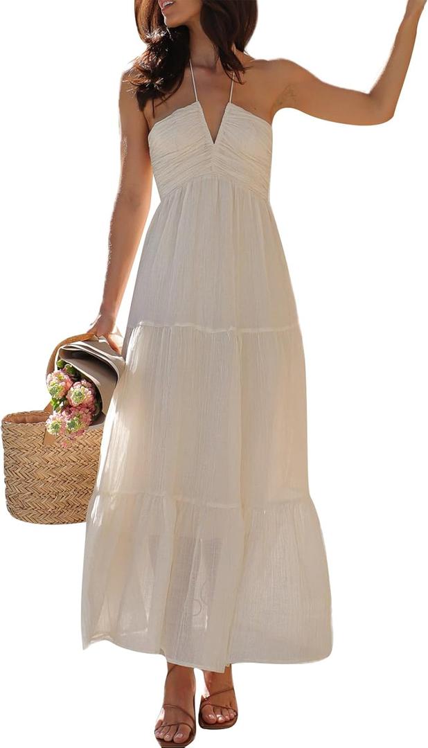 Women's Halter Neck Floral Maxi Dress 2024 Summer Boho Long Sundress Sexy Sleeveless Backless Flowy Ruffle Dress (Medium, White)