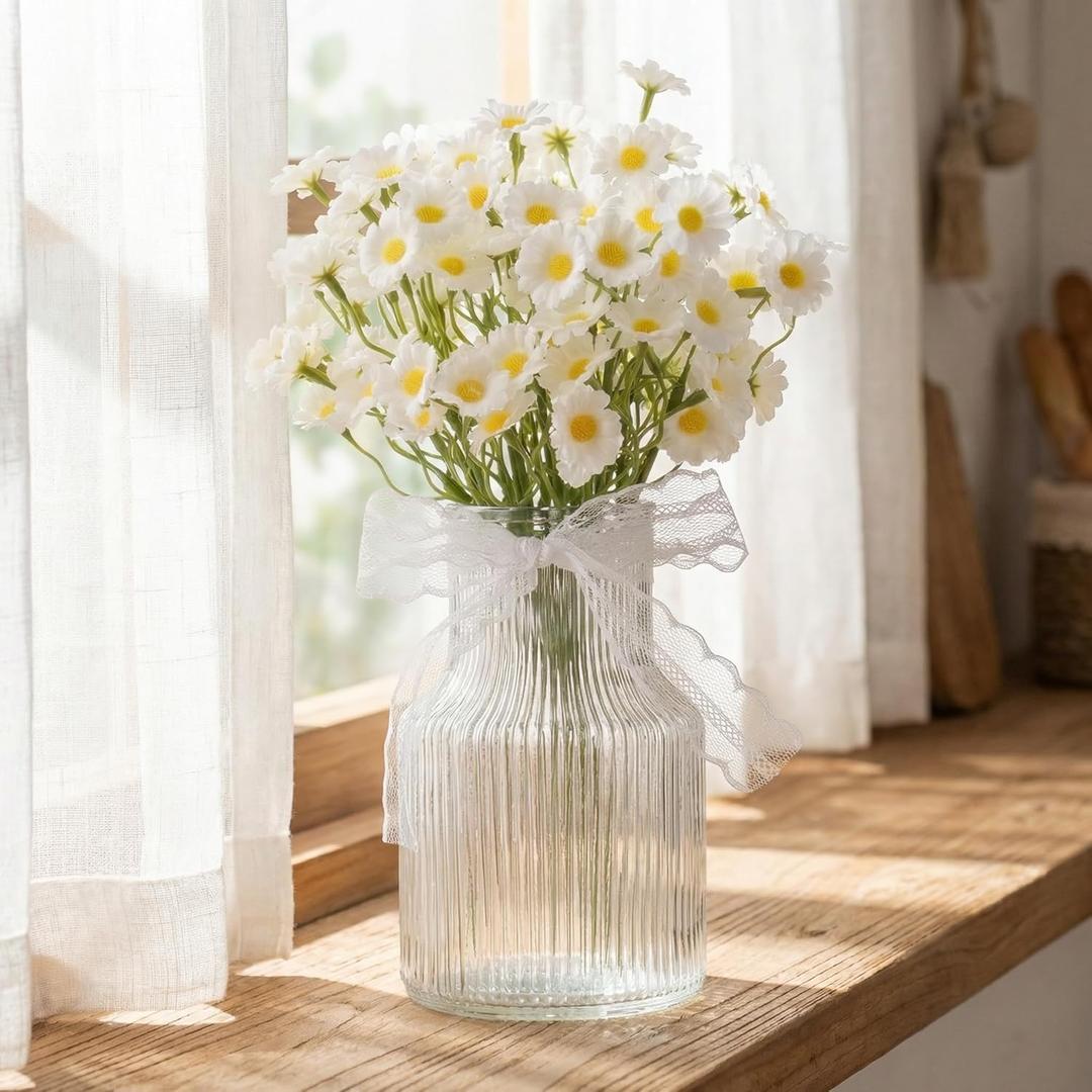 Fake Flowers in Vase, 12Pcs Small White Daisy Flowers Artificial Arrangement with Glass Bud Vase for Centerpiece Table Decoration Faux Flowers for Spring Decor Daisy Birthday Party Decorations