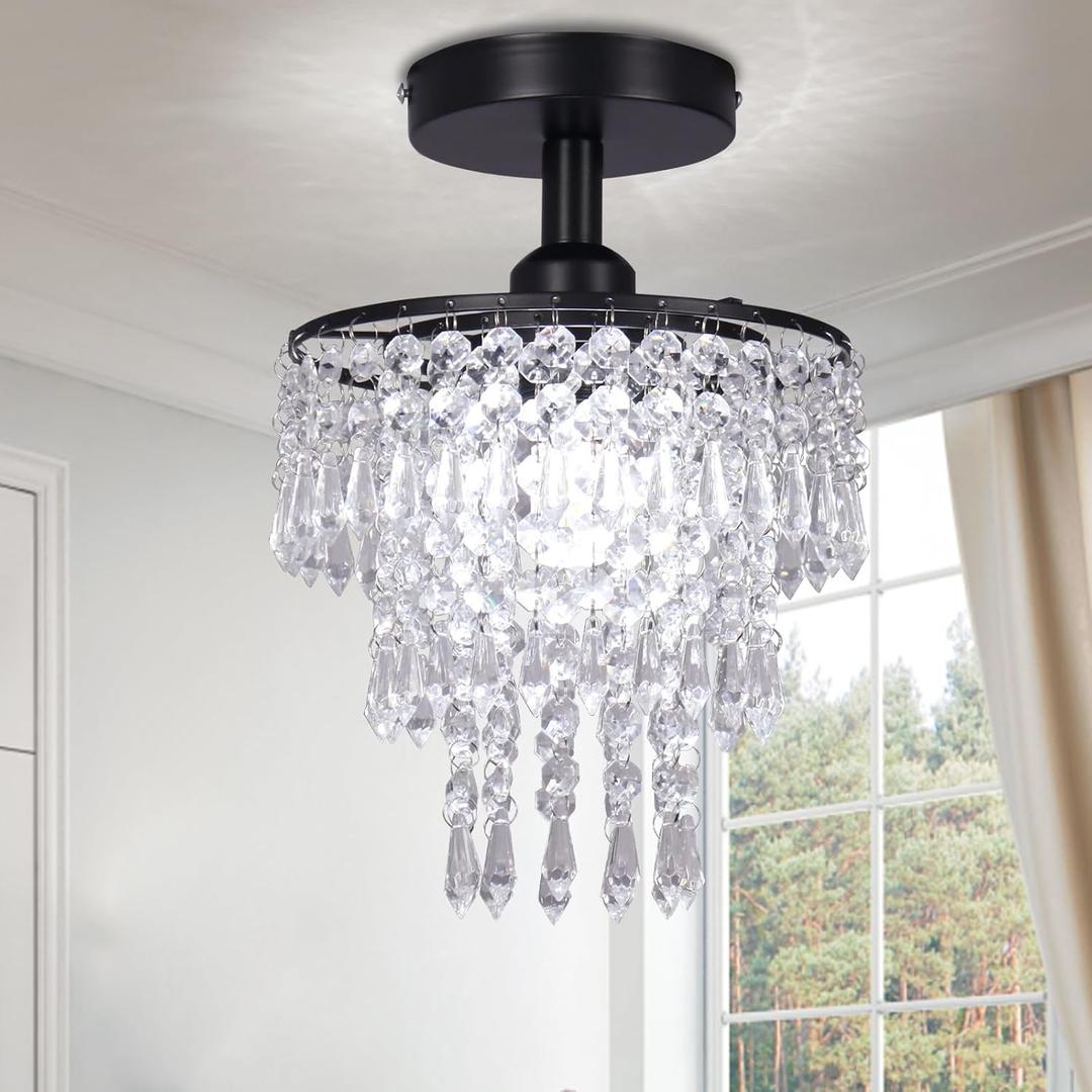 FRIXCHUR Small Crystal Chandelier Flush Mount Ceiling Light 3 Tiers Raindrops Crystal Chandeliers for Bedroom Hallway Foyer Living Room Entryway Closet,Black