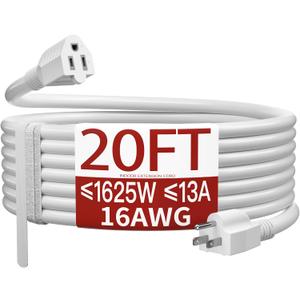 16/3 White Extension Cord 20 FT, Indoor Extension Cord Flexible & Durable, 3 Prong Power Cable, Suitable for Home and Office, 13 Amp 1625 Watt 125VAC 16AWG, ETL Listed