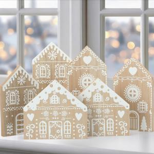 6 Pcs Wooden Christmas Gingerbread House Decor, 3 Styles Rustic Christmas Gingerbread House Xmas Village Set for Mantel Block Farmhouse Tabletop Winter Desk Shelf Ornament Decorations