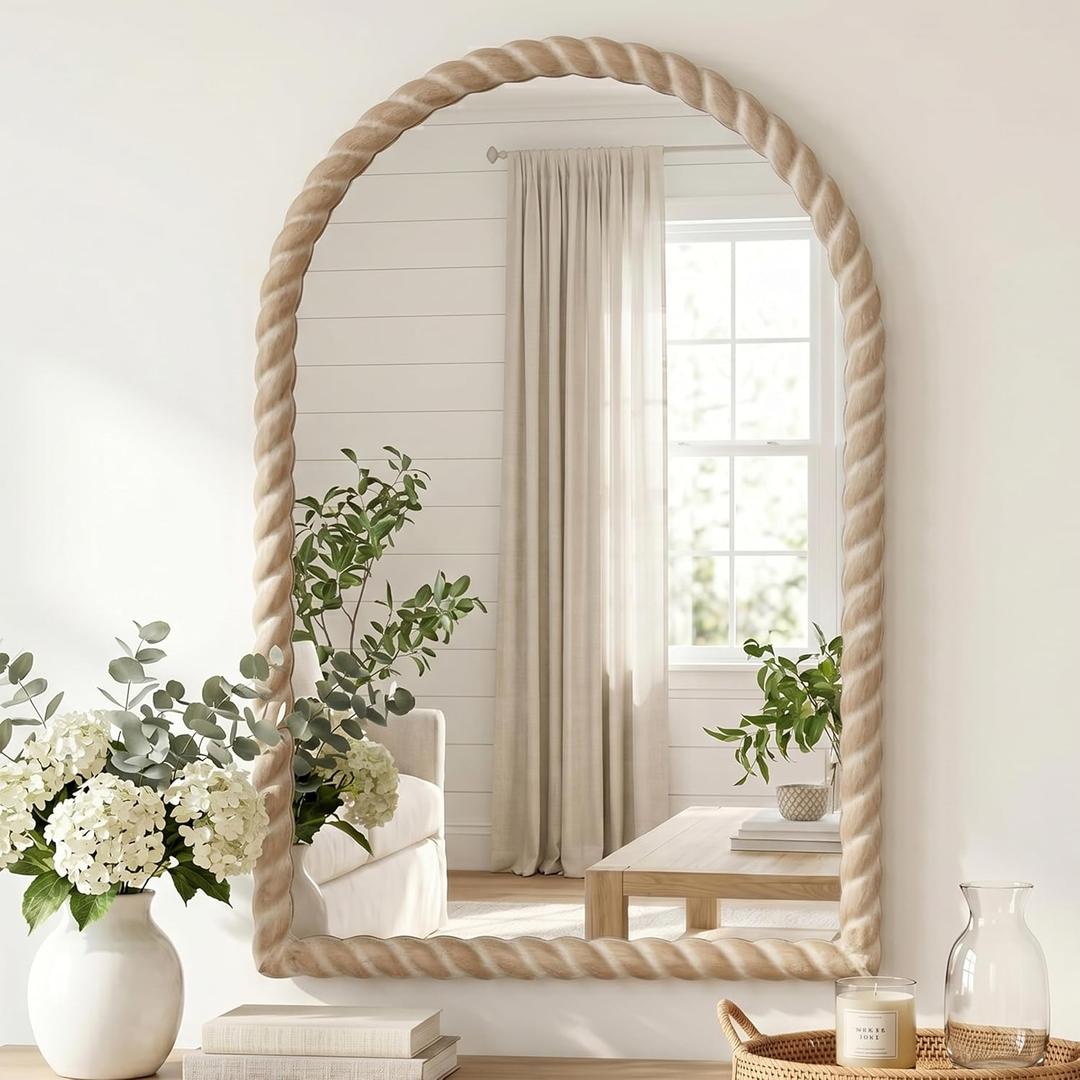 36"x24" Arched Solid Wood Farmhouse Decorative Wall Mirror
Natural Braided Wood Frame Design and HD Tempered Glass, Perfect for Bathroom, Vanity, Entryways, Living Rooms