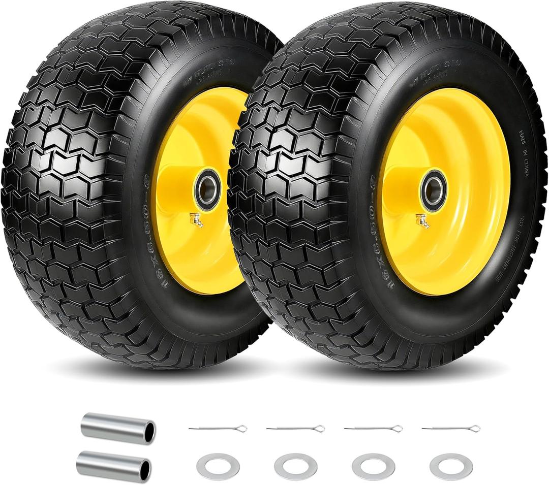 2Pc 16x6.50-8 Flat Free Lawn Mower Tire 1 Inch Axle, Fits 1" & 3/4" Bearing | 3" Offset Hub, 16x6.50-8 Solid Tire and Wheel for Lawn Mower & Garden Riding Tractors Front Heavy duty tire Assembly, 550lbs
