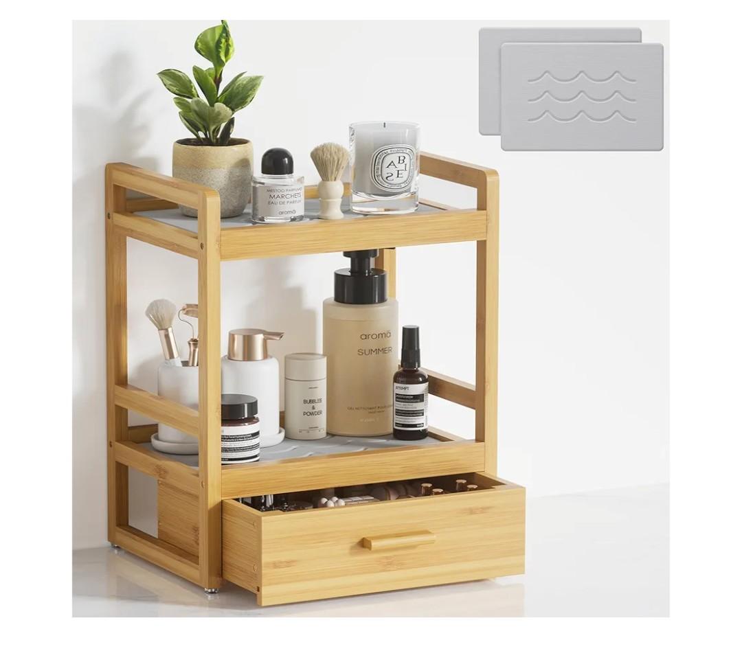 Bamboo Bathroom Organizer Countertop, Large 2 Tier Vanity Perfume Organizer with Drawer for Skincare Makeup, Counter Storage with Stone Drying Mat for Coffee bar Macha Station Kitchen