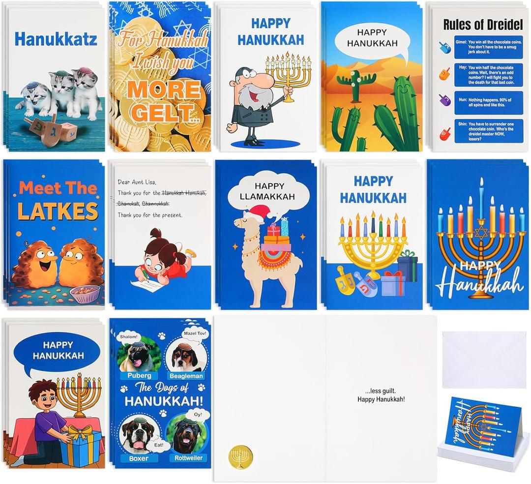 Motiskyy 36 Sets Hanukkah Greeting Cards with Envelopes Assorted Funny Jewish Holiday Cards Menorah Dreidel Gold Coins Religious Chanukah Greeting Cards for Holiday Party Decorations