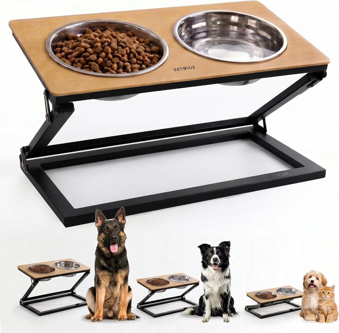 Dog Bowls Elevated, Adjustable Raised Dog Bowl Stand with 2 Stainless Steel Food Bowls 20Tilted Water Bowls for Small Sized Dogs and Cats (Natural Wood Color, Small)