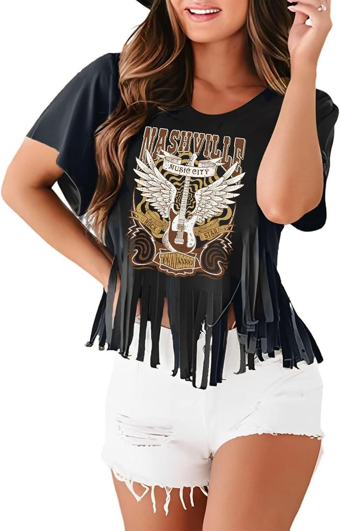Nashville Tshirt for Women Country Concert Shirt Cowgirl West Music Rock Band Tee Vintage Graphic Fringe Tassel Top (XX-Large, Black)