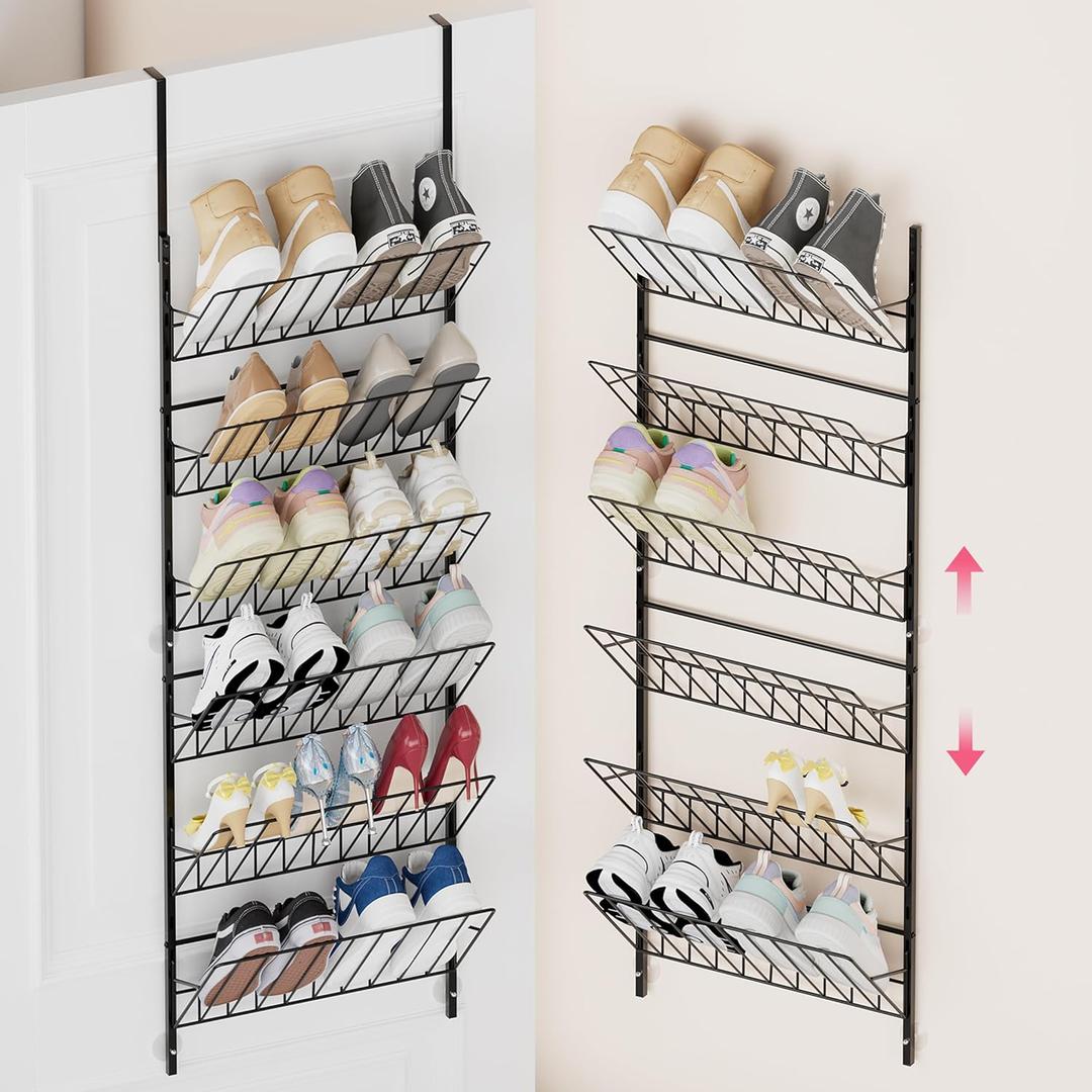 SWTYMIKI Over The Door Shoe Organizer - Adjustable 6 Tier Hanging Shoe Rack Organizer, Metal Heavy Duty Behind Door Storage or Wall Mount Shoes Shelf for Flats, Heels, Sneakers, Boots (Black)