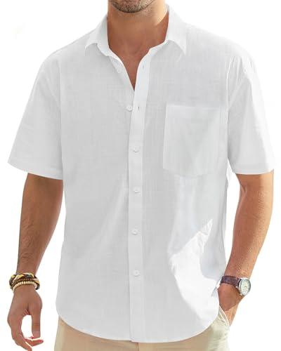 J.VER Men's Lightweight Linen Short Sleeve Shirts Casual Button Down Shirt Family Vacation Shirt with Pocket White Medium