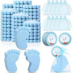 50 Sets Baby Shower Favors Handmade Feet Scented Soap Party Favors for Guests Gifts with Organza Bags and Thanks Tags for Gender Reveal Baptism Shower Wedding Party(Blue)