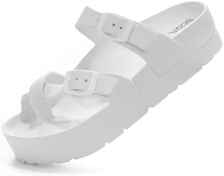 SCQTL Women's Platform Sandals with Arch Support, Comfort Slides Adjustable Slip On Flat Sandals for Summer Ultra Cushion & Thick Soles, Size 5, White
