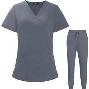 VIAOLI Scrubs for Women Set V-Neck Pocket Top & Drawstring Jogger Scrub Pants Stretch Nursing Scrubs Set Uniform (Medium, Grey)
