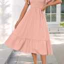 MEROKEETY Women's Summer Casual V Neck Ruffle Sleeve Smocked High Waist Midi Dress with Pockets (Pink, S)