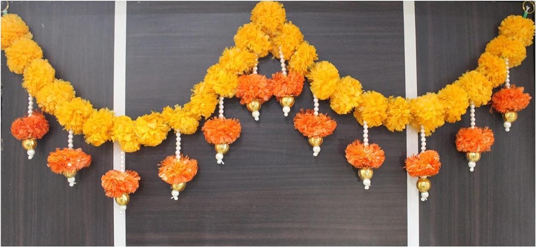 SMIZZY ; (RE) TOUCHING LIVES Fluffy Flowers Marigold Toran Garland Bandarwal for Entrance Door | Main Door | Mandir | Home | Wedding Decorations Items 50 Inch Long Yellow White