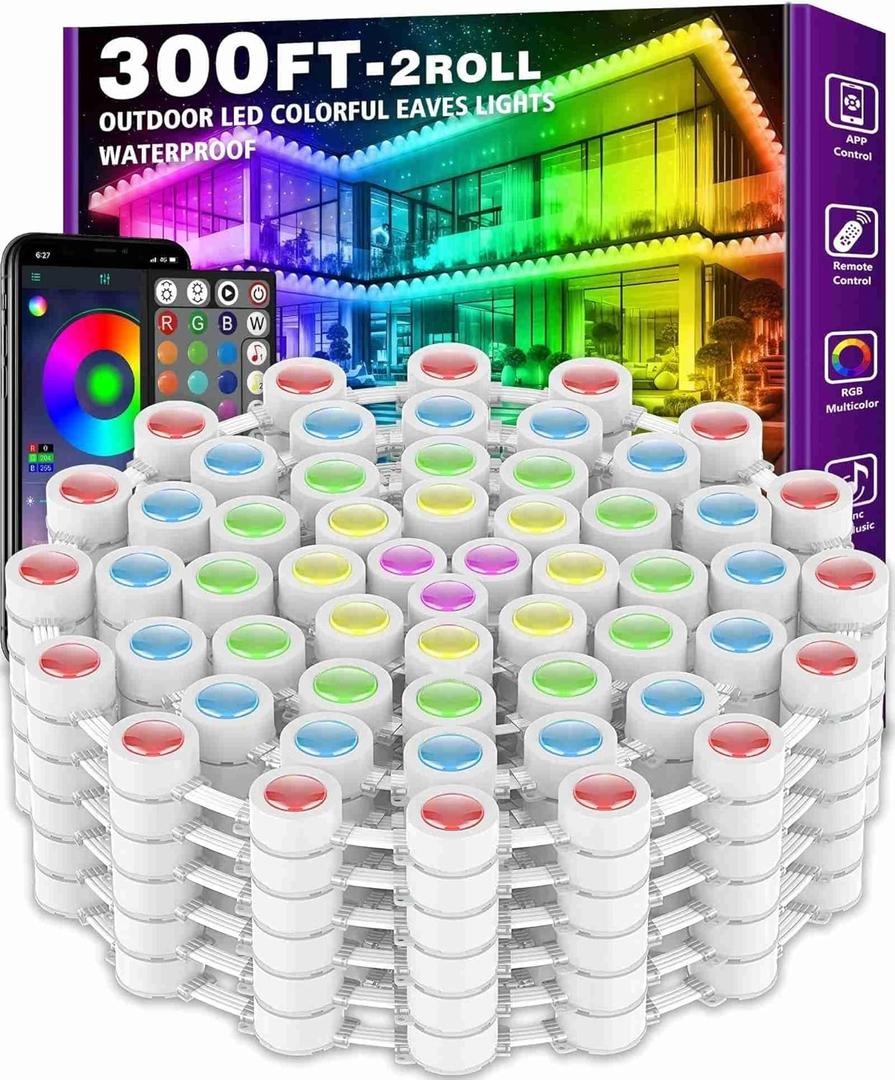 300FT Permanent Outdoor RGB Lights - IP67 Waterproof with Smart App Control Remote, DIY Scene Modes, Music Synchronization, Eaves Light for Garden Decor, Deck, Christmas, Party, Party, Halloween,Roof