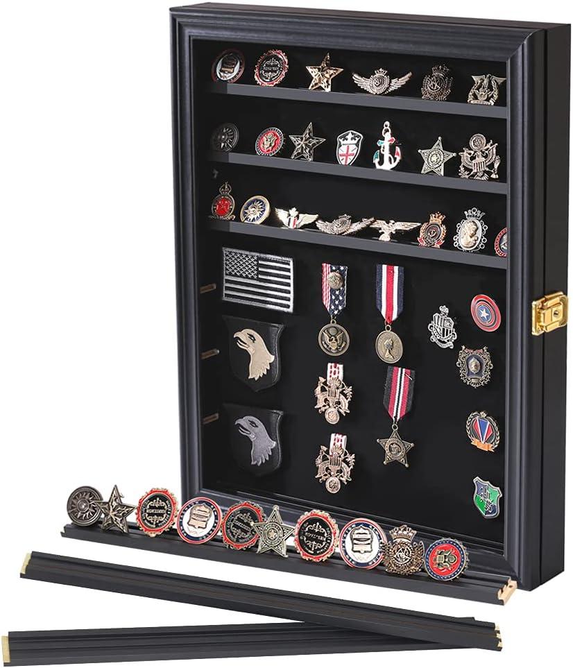 Verani Medals Display Case Wall Frame for Collector, Military Challenge Coins Holder, Pins, Lockable Shadow Box with Removable Shelves Black (Large)