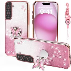 for Samsung Galaxy S22 Plus Phone Case,for S22+ Mobile Phone Case for Women and Girl, Glitter Butterfly Floral TPU Protective Cover with Kickstand+Strap for Samsung S22 Plus (Pink)
