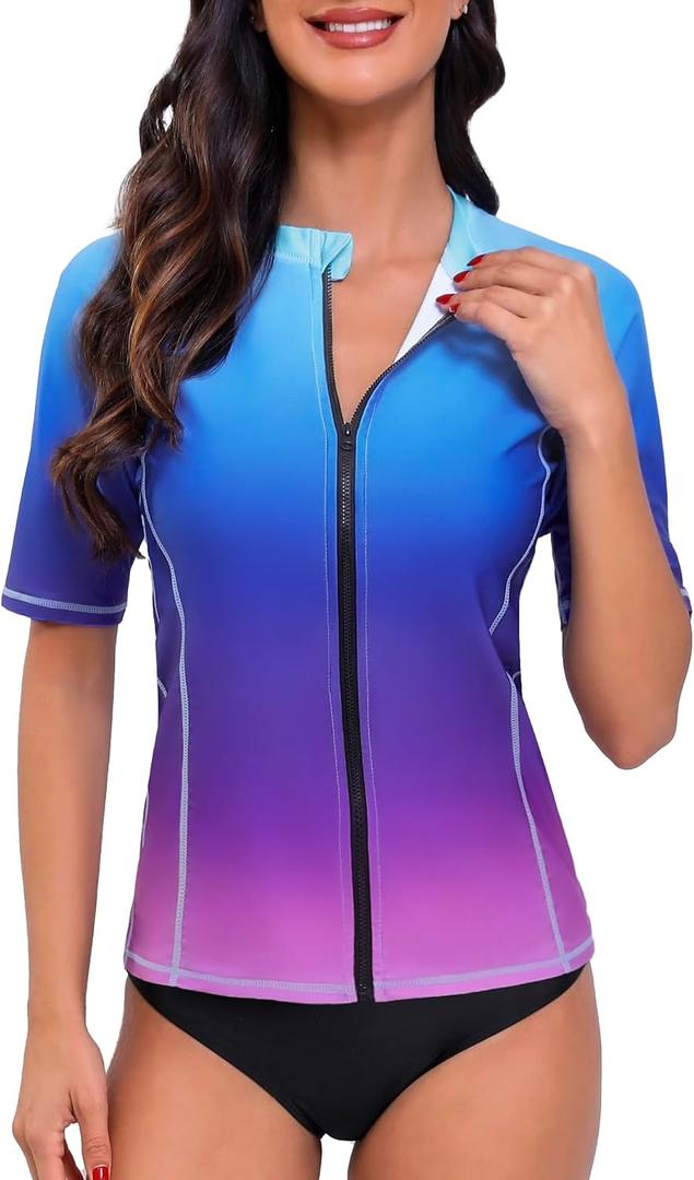 Tournesol Women's Rash Guard Short Sleeve Swim Shirt Zip Front Swim Top UV Sun Protection Swimsuit Top No Bra (L)