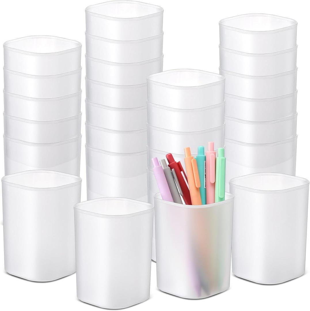 30 Pack Pen Holder Pen Cups for Desk Organizers and Storage Stationery Plastic Matte Pencil Holder Cups Ins Style Transparent for Office School Supplies (White)