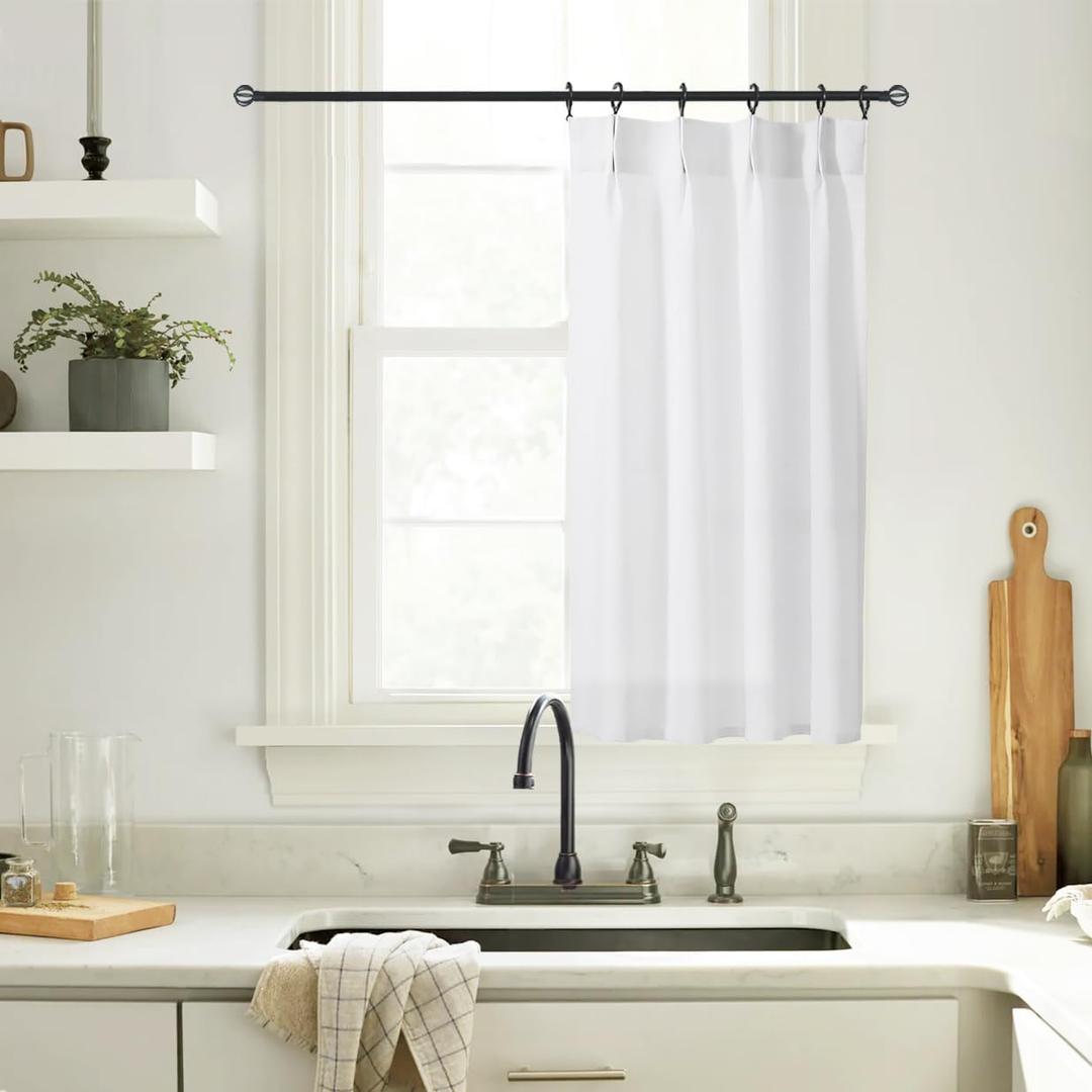 White Small Kitchen Curtains 32 Inch Length Sheer Linen Cafe Pinch Pleated See Out But Not in Non See Through Curtains for Living Room Bathroom (24"W x 32"L (Pack of 1))