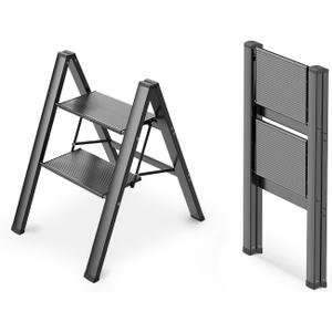 WOA WOA 2 Step Ladder, Foldable Step Stool, Aluminum Lightweight Ladder for Home Kitchen Closet, Anti-Slip Pedals, Ease of Folding, Portable, 300lbs Capacity - Black