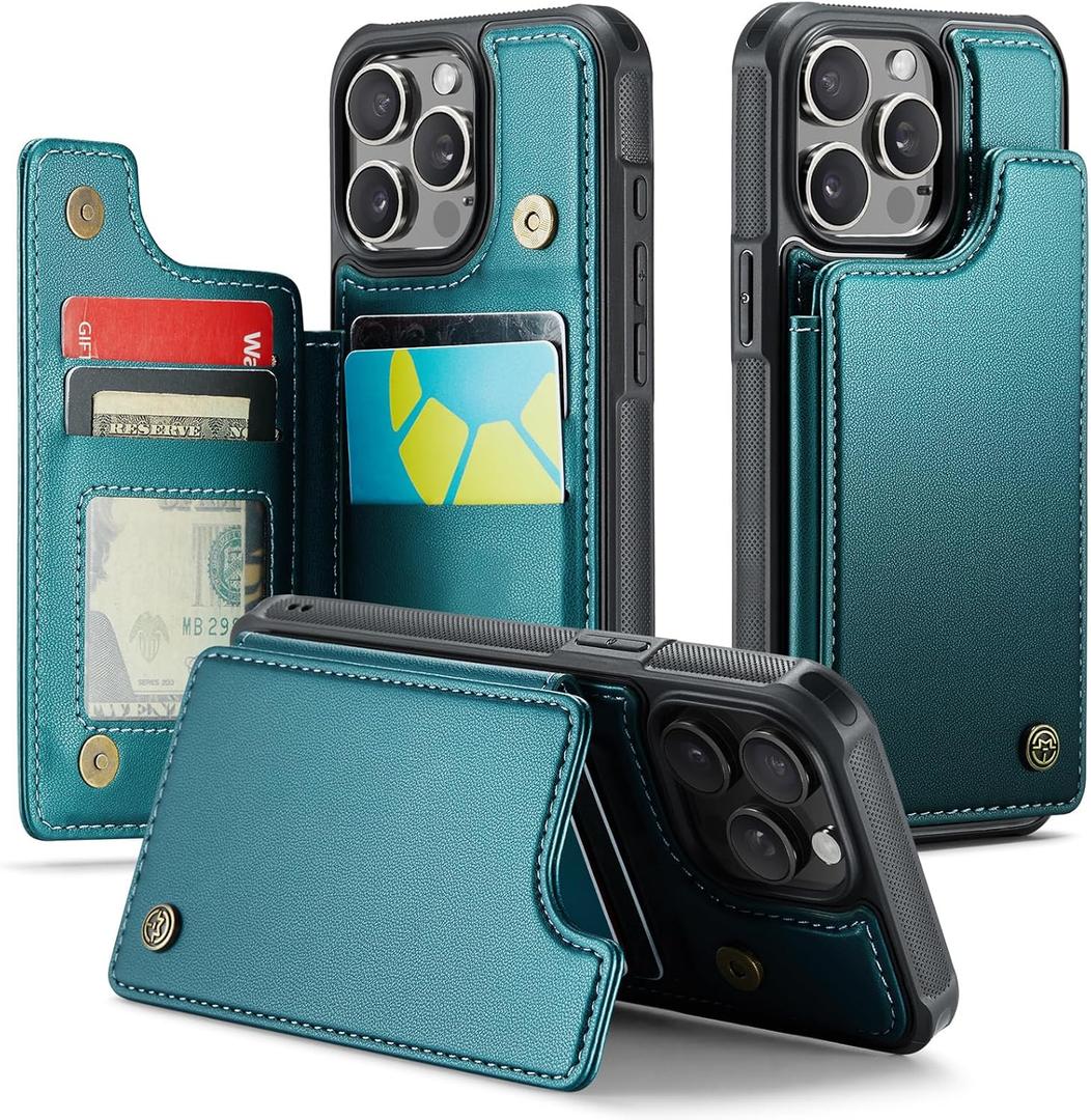 Compatible with iPhone 15 Pro 6.1" Wallet Case with Card Holder RFID Blocking for Women Men, Double Magnetic Clasp Kickstand Shockproof Phone Case Fit for iPhone 15 Pro, Bluish Green